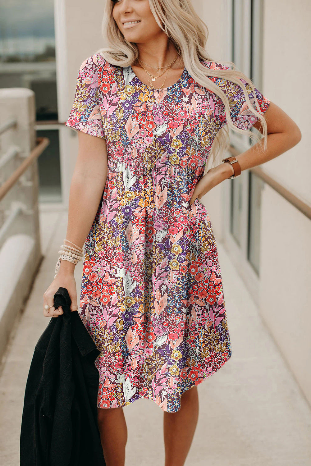 Red Foral Print Short Sleeve A-line High Waist Dress