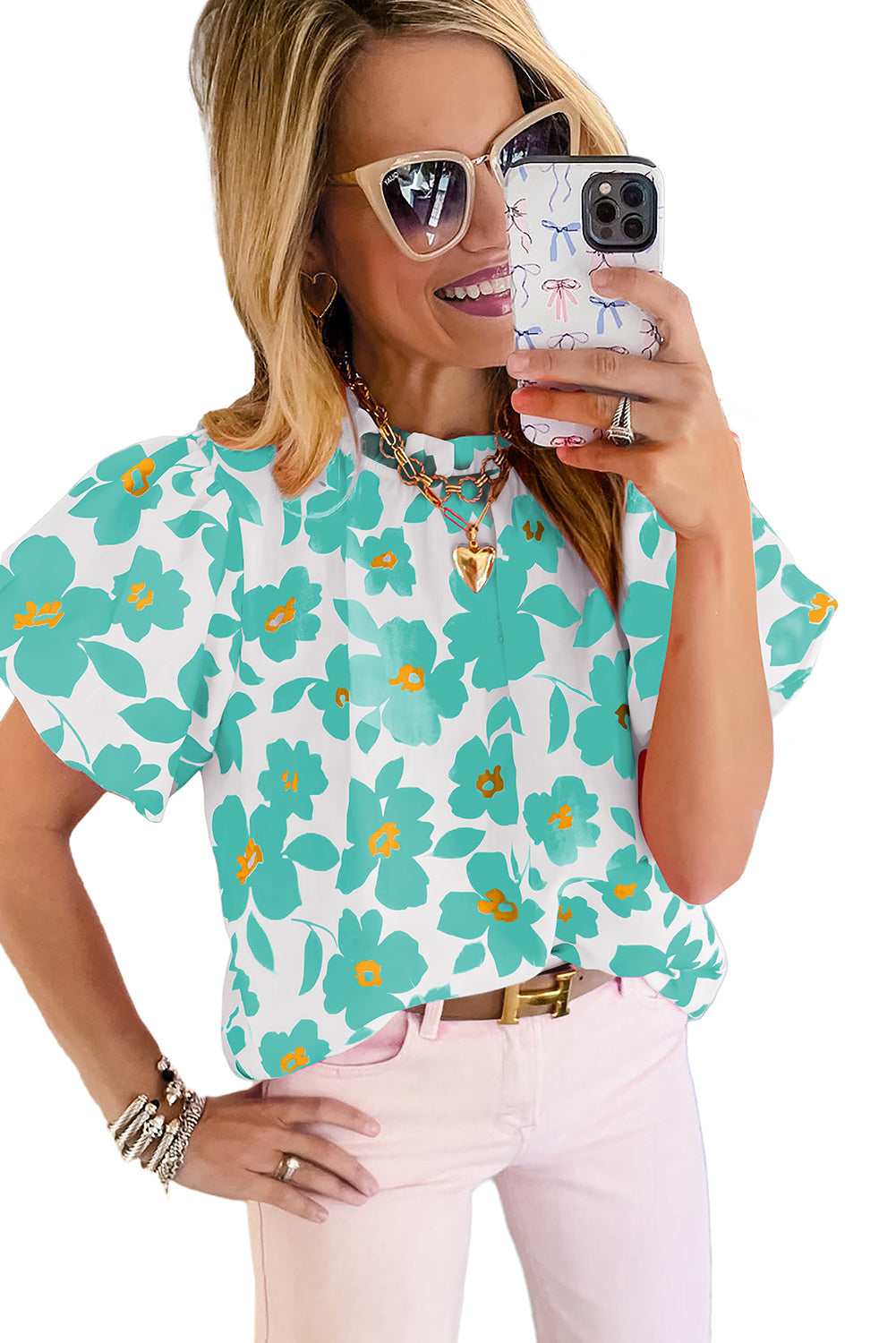 Green Floral Puff Sleeve Frilled Neckline Blouse