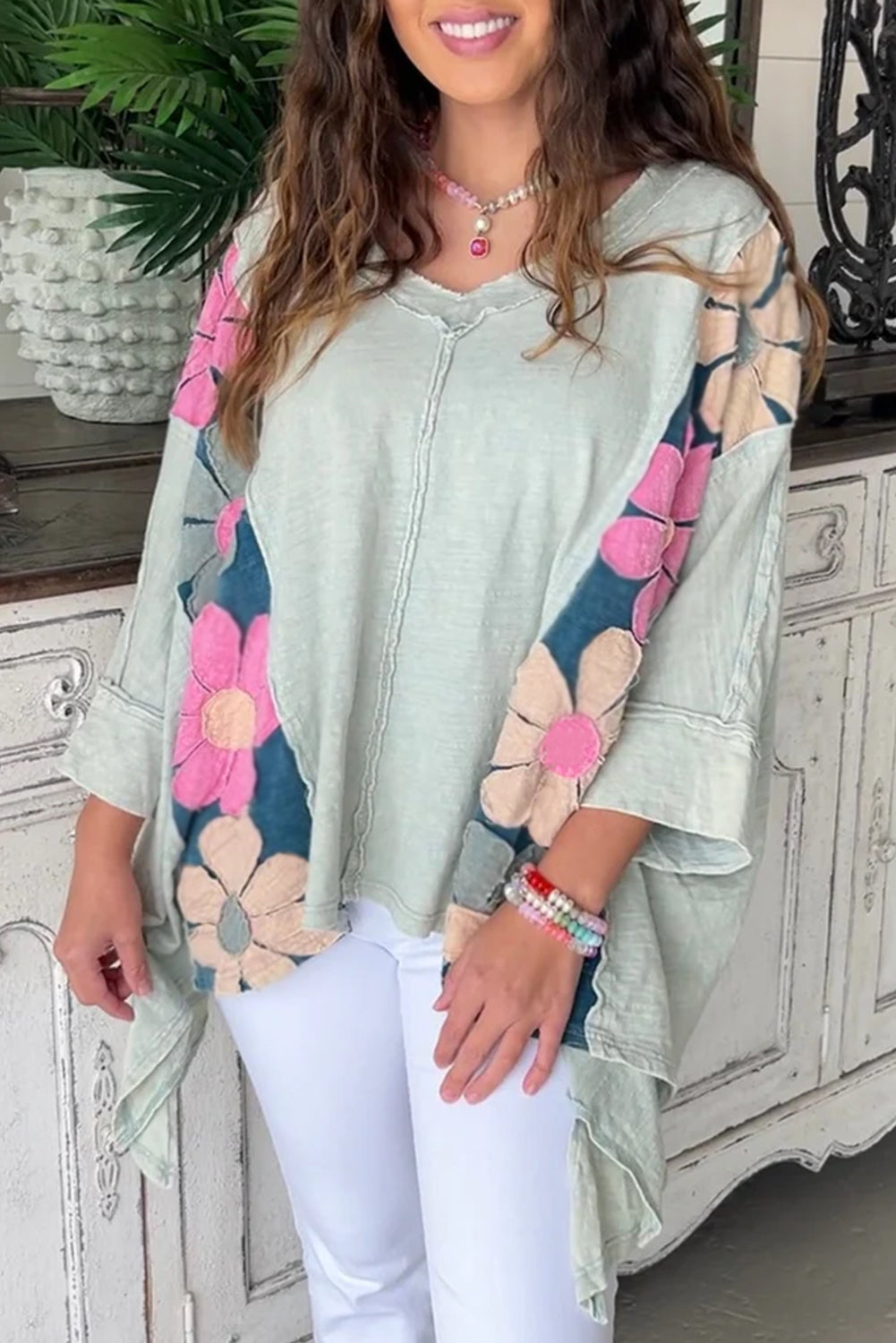 Green Patchwork Floral V Neck Bracelet Sleeve Blouse