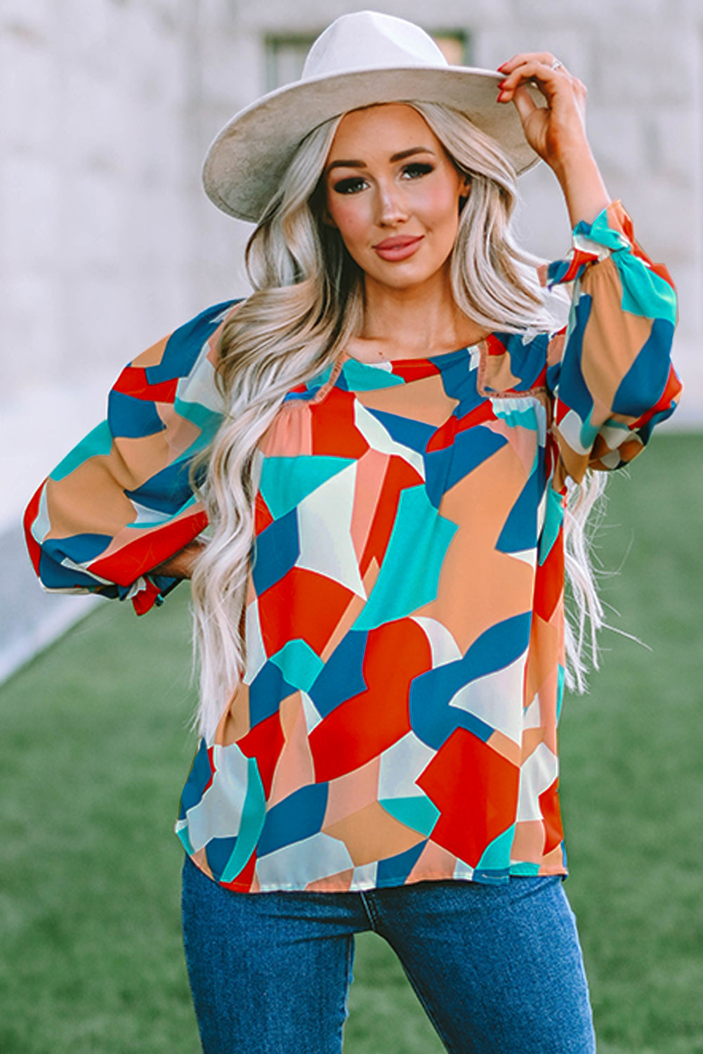 Multicolor Colorblock Casual Ruffle Puff Sleeve Blouse
