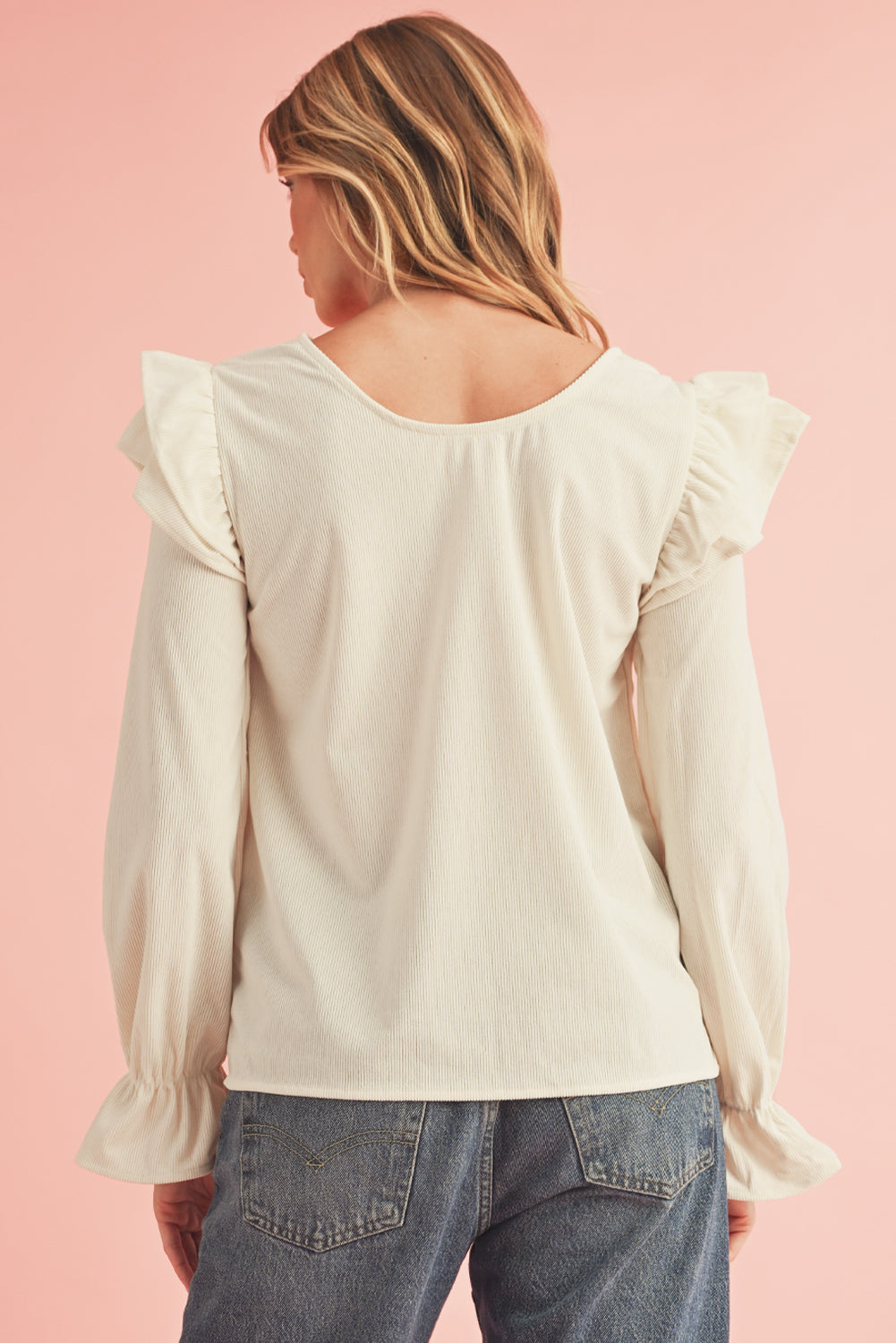 Beige Corduroy Round Neck Ruffled Flounce Sleeve Blouse - Kustom Kreations Goods
