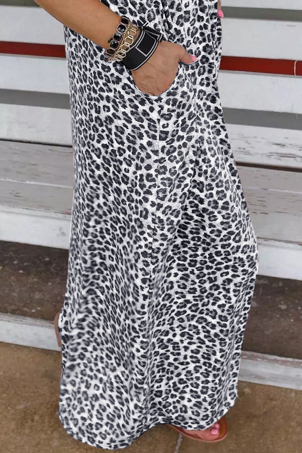 Black Leopard Print Casual Cap Sleeve Pocket Dress