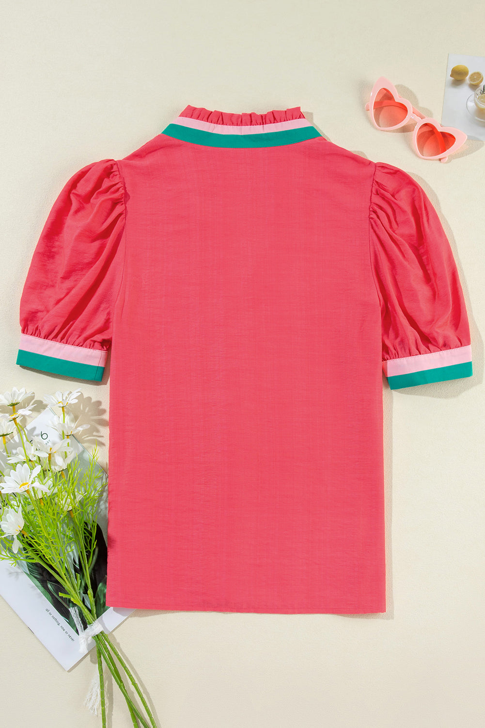 Carrot Colorful Stripe Trim V Neck Puff Sleeve Blouse