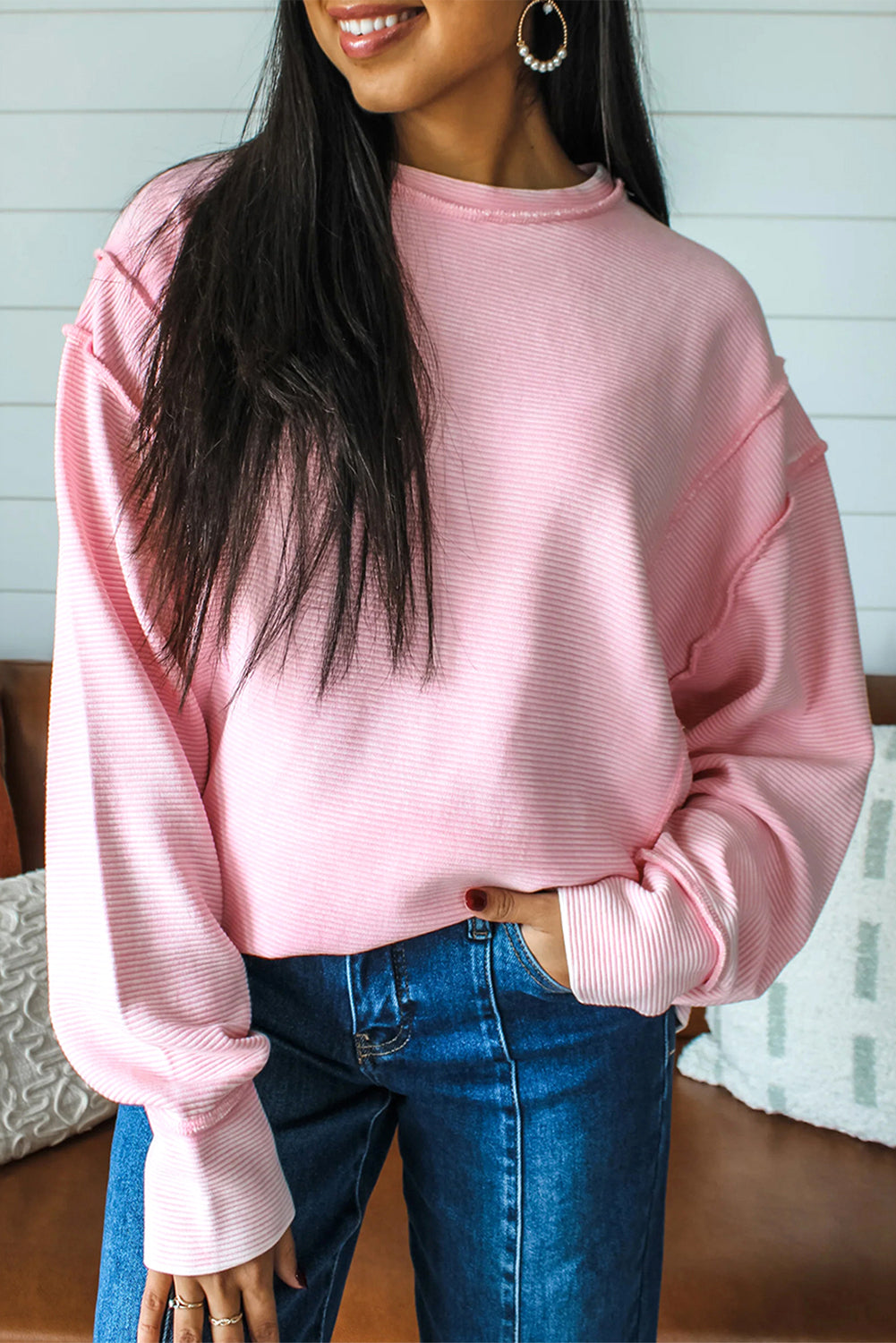 Pink Solid Color Exposed Seam Long Sleeve Top
