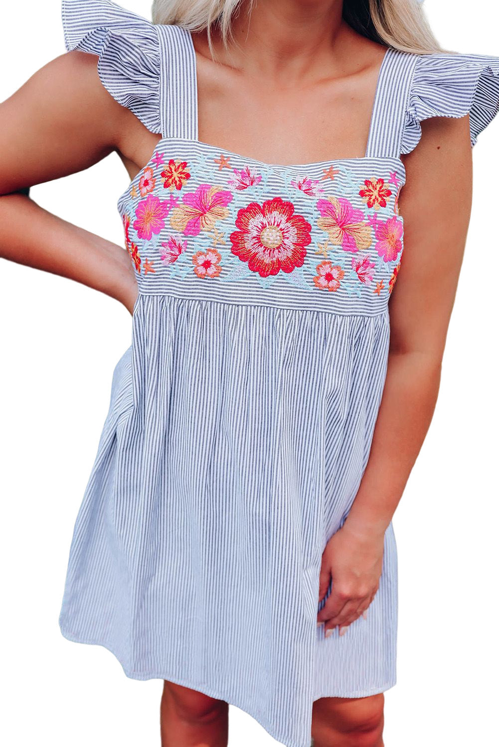 Sky Blue Striped Floral Embroidered Ruffled Sleeveless Short Dress