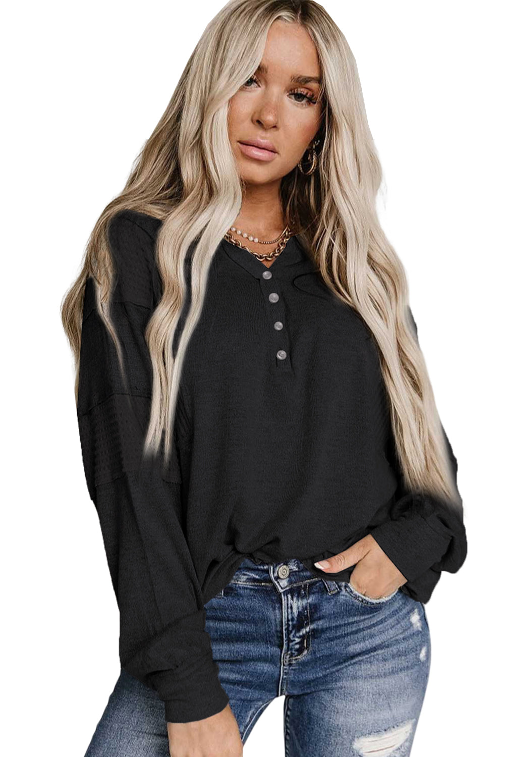 Black Waffle Patchwork Dolman Sleeve Henley Top