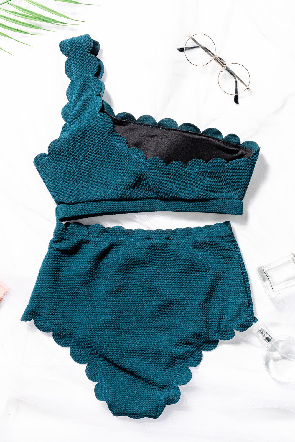 Black Scallop Trim Textured One Shoulder High Waist Bikini Set