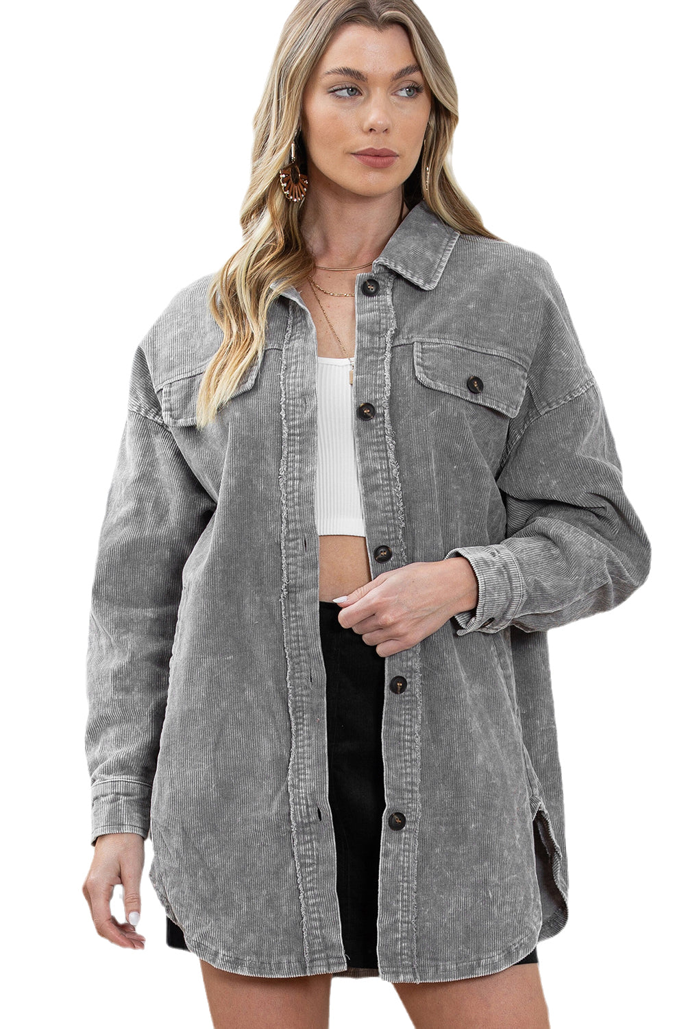 Gray Vintage Distressed Mineral Wash Oversized Shacket