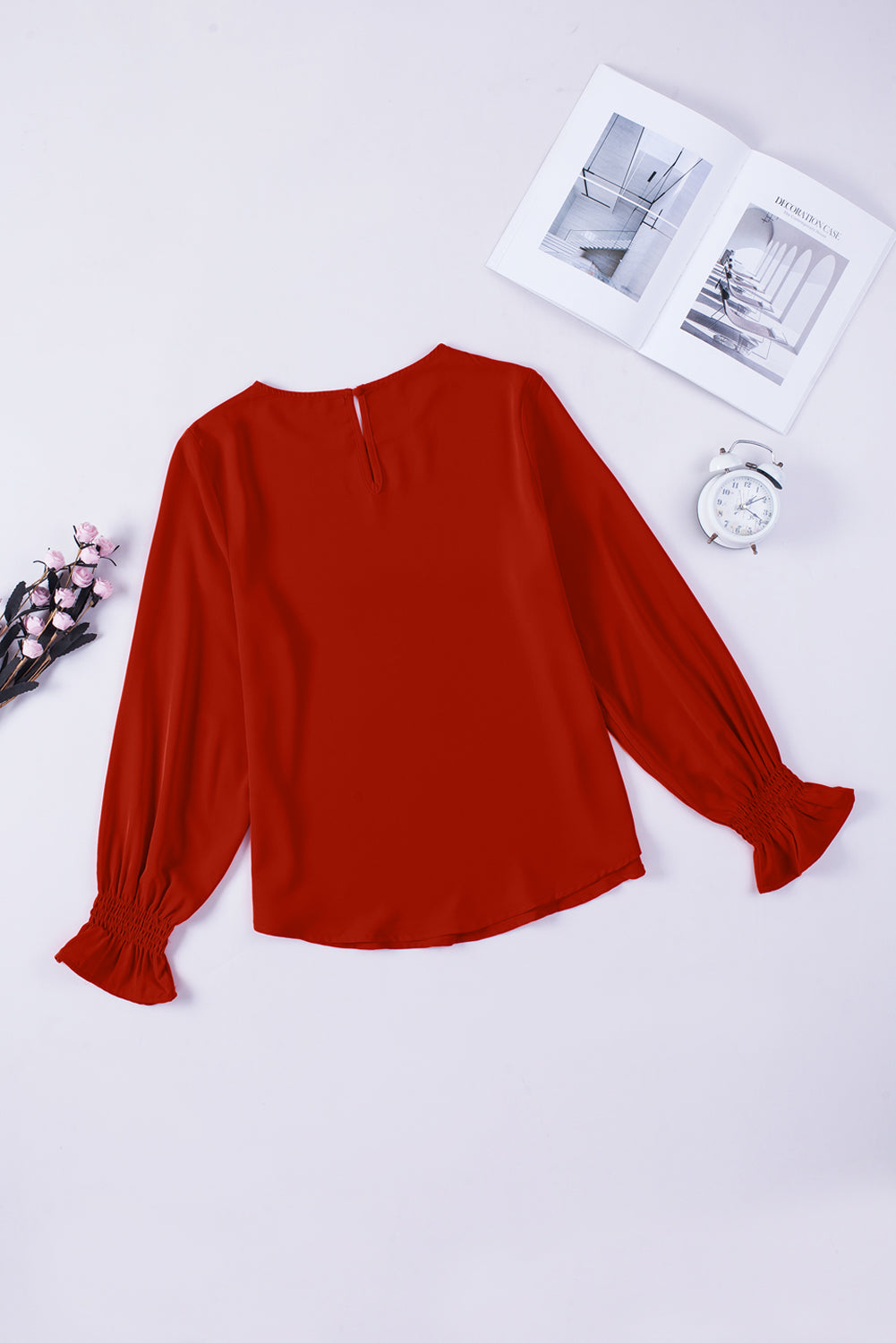 Red Solid Color Pullover Smocked Cuffs Long Sleeve Blouse