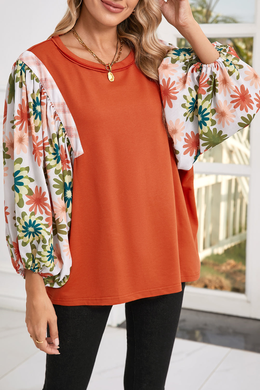 Desert Gold Floral Patchwork Sleeve Loose Top