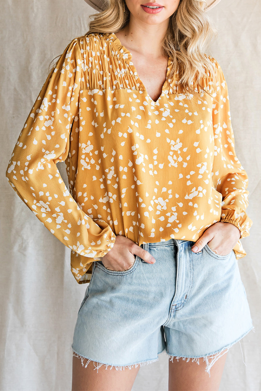 Yellow Frill Split V Neck Boho Crinkled Blouse