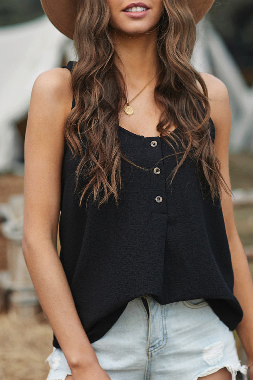 White Scoop Neck Loose Fit Button Front Tank Top for Women