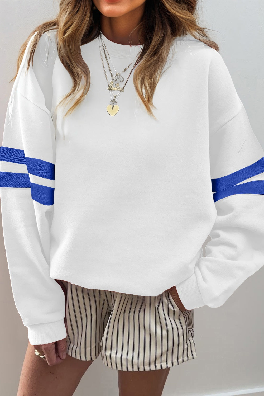 Fiery Red Preppy Striped Sleeve Loose Sweatshirt - Kustom Kreations Goods