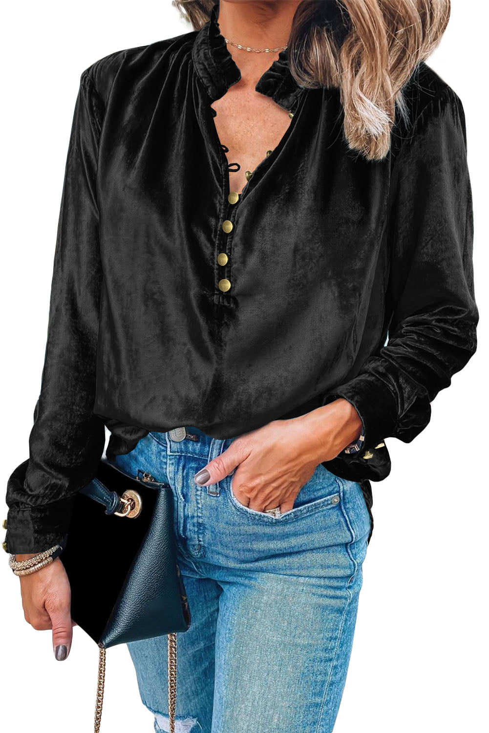 Black Frilled Neck Buttoned Front Velvet Top - Kustom Kreations Goods