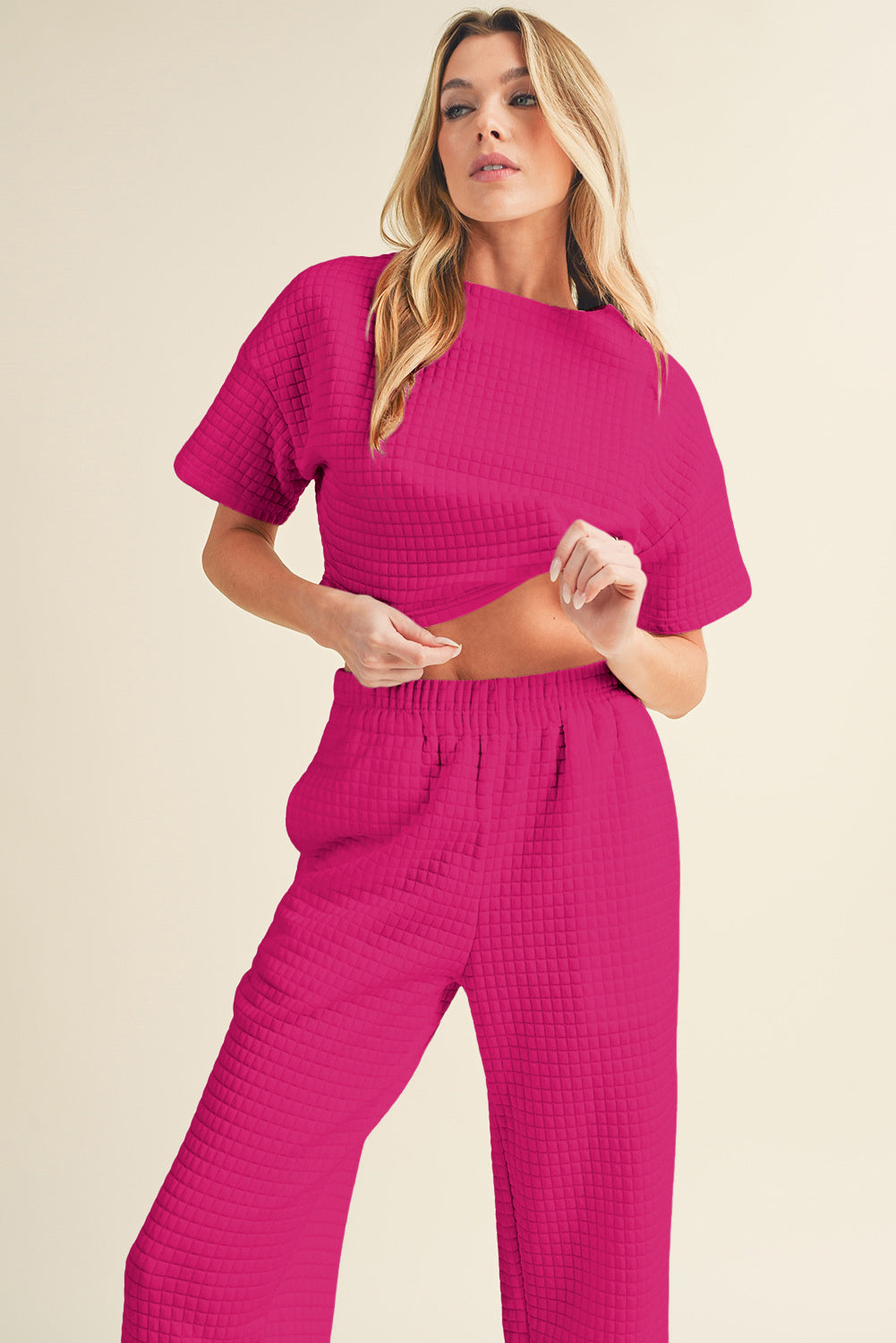 Rose Red Textured Cropped Tee and Jogger Pants Set