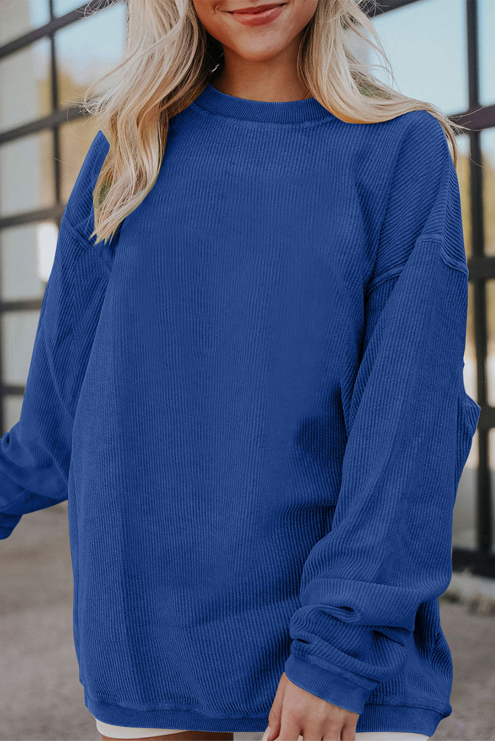 Orange Plain Drop Sleeve Rib-Knit Oversized Sweatshirt