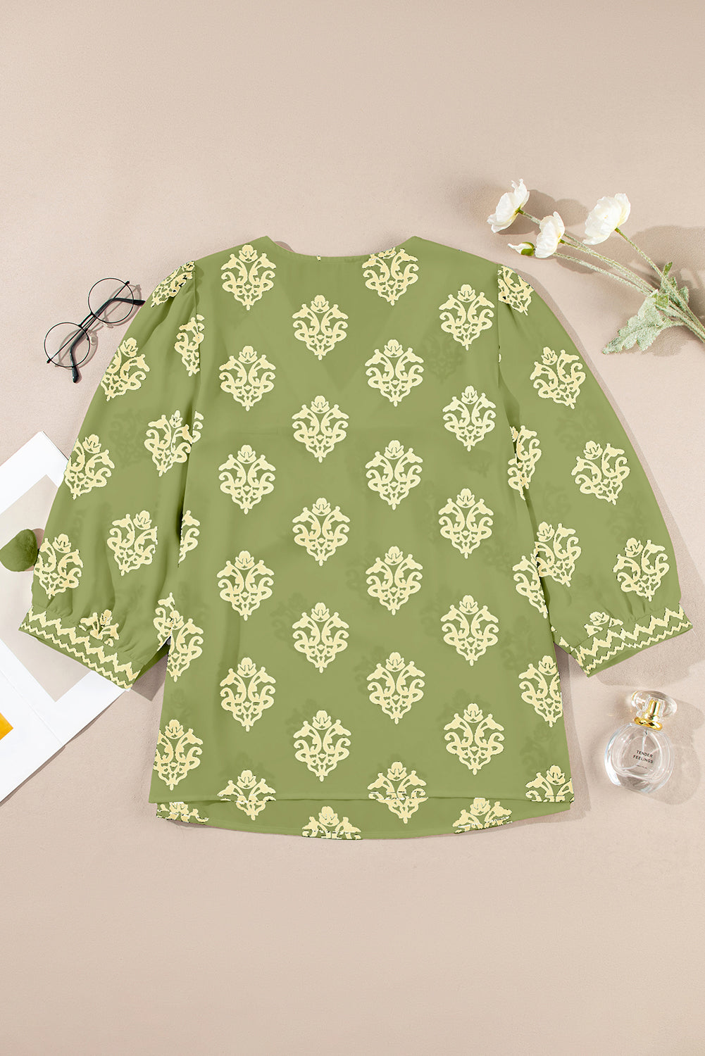 Green Damask Floral Print Contrast V Neck 3/4 Sleeve Blouse - Kustom Kreations Goods