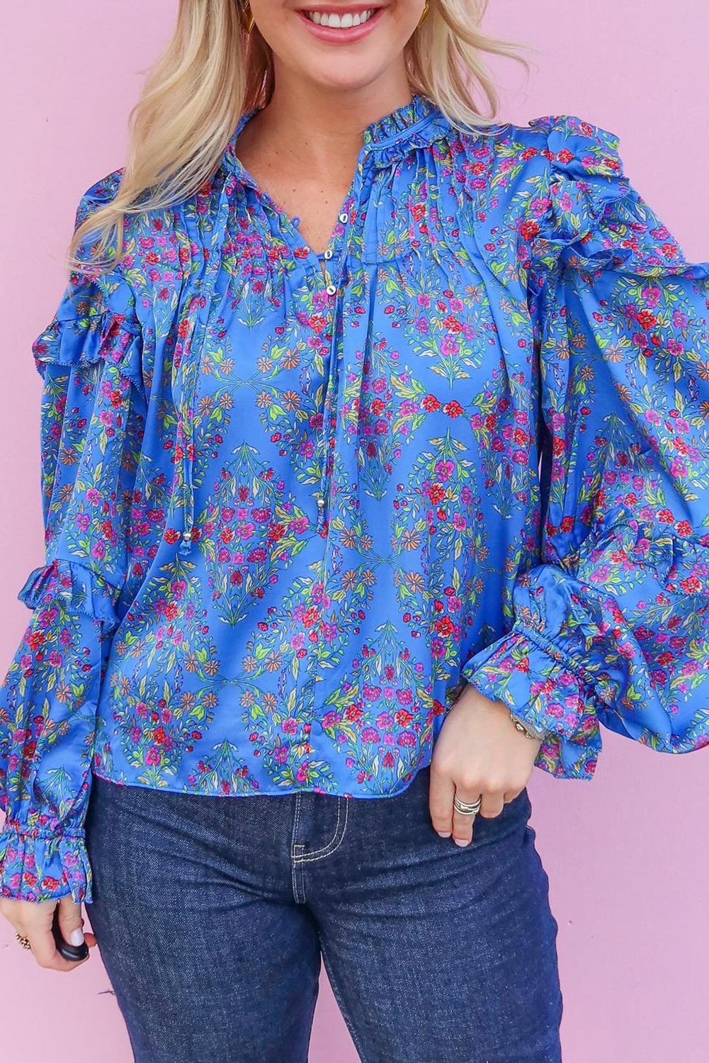 Blue Frill V Neck Ditsy Floral Print Pleated Blouse