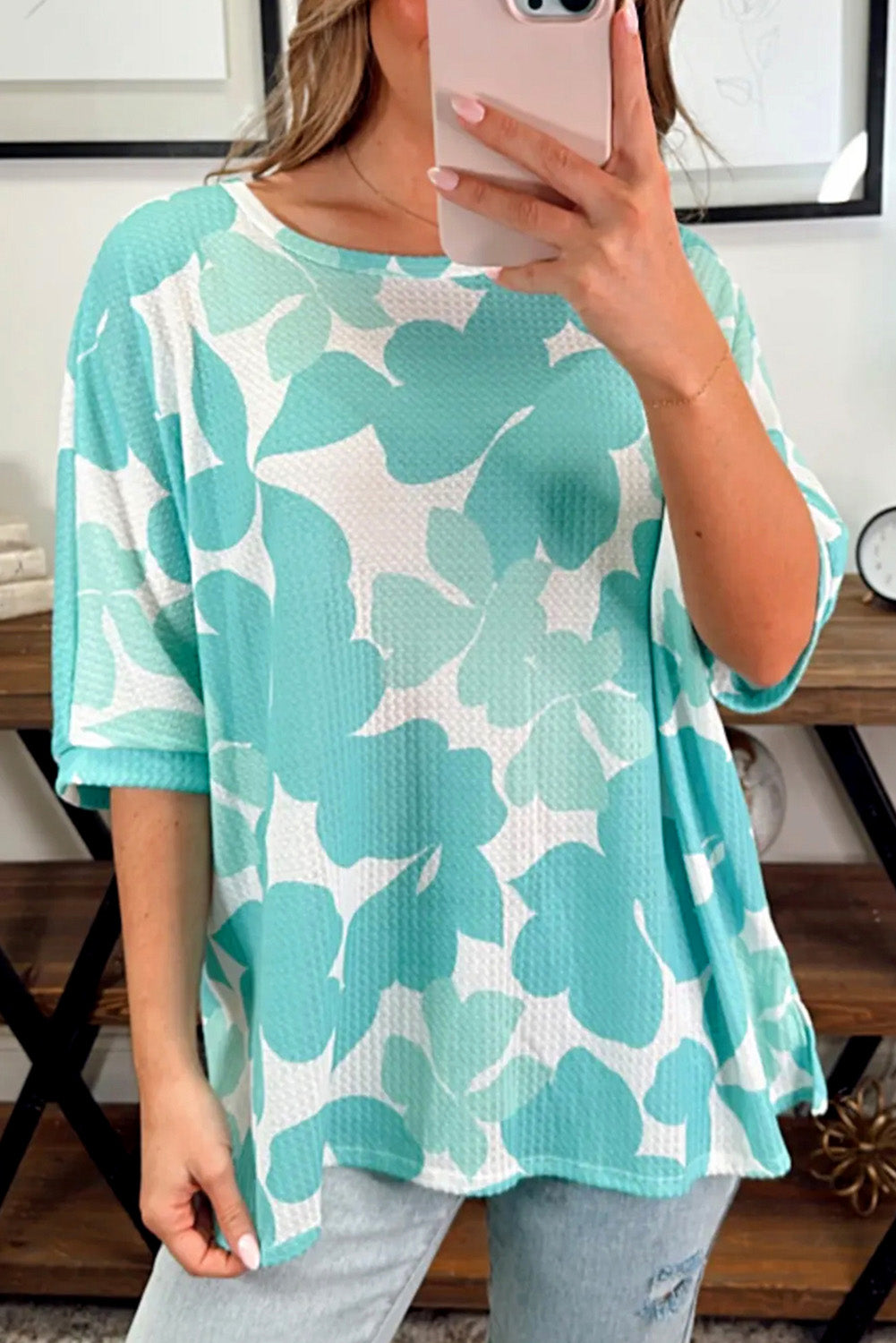 Mint Green Turquoise Waffle Floral Top