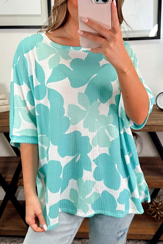 Mint Green Turquoise Waffle Floral Top