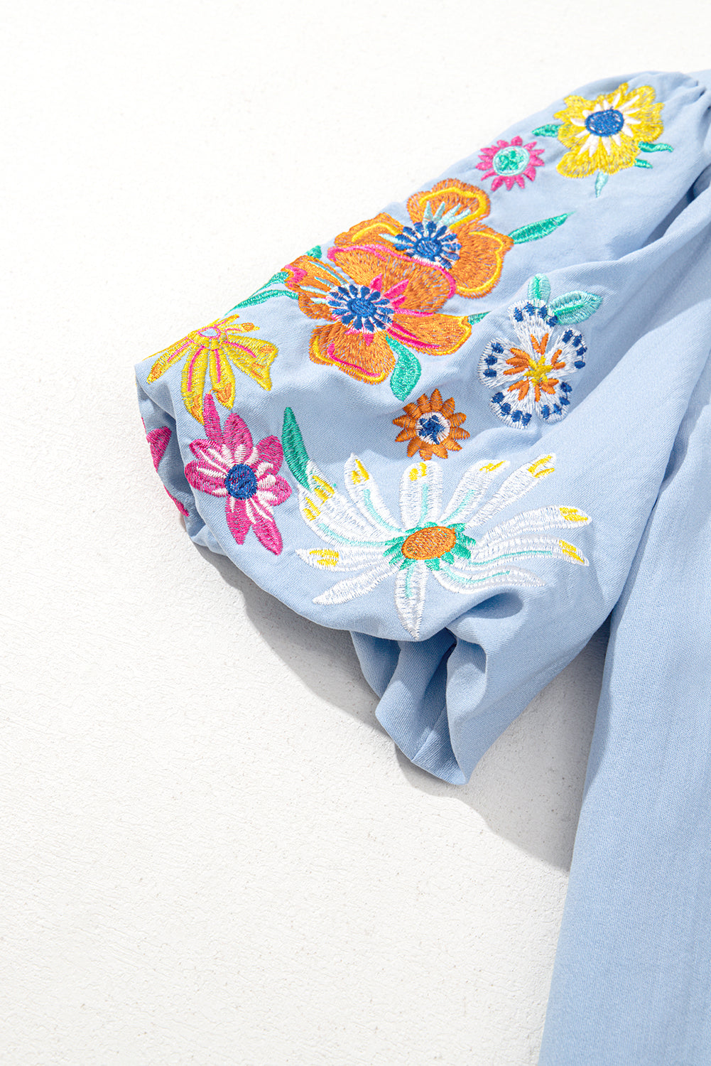 Beau Blue Floral Embroidered Puff Sleeve Split Neck Blouse - Kustom Kreations Goods
