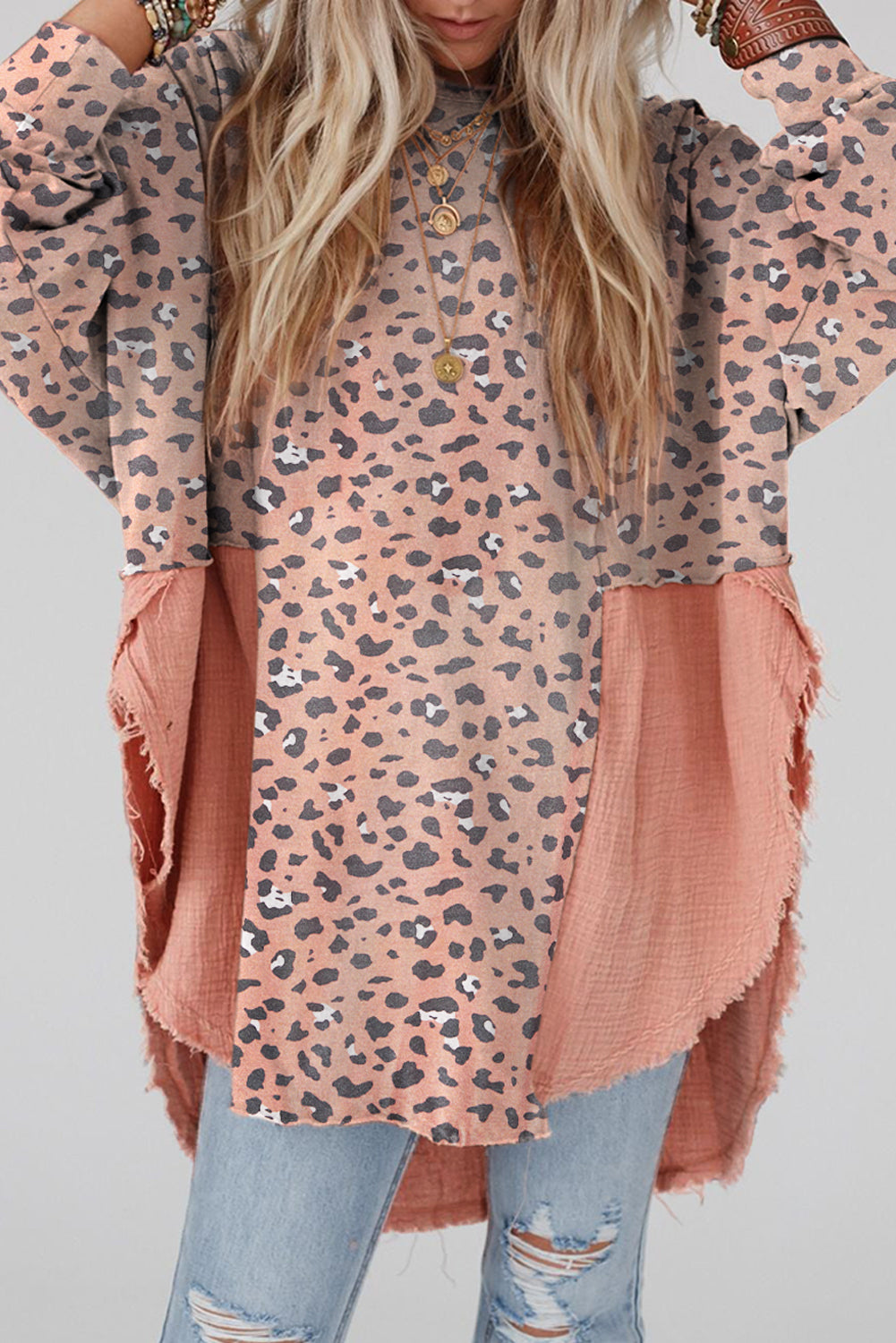 Pink Leopard Patchwork Raw Edge Oversized Top