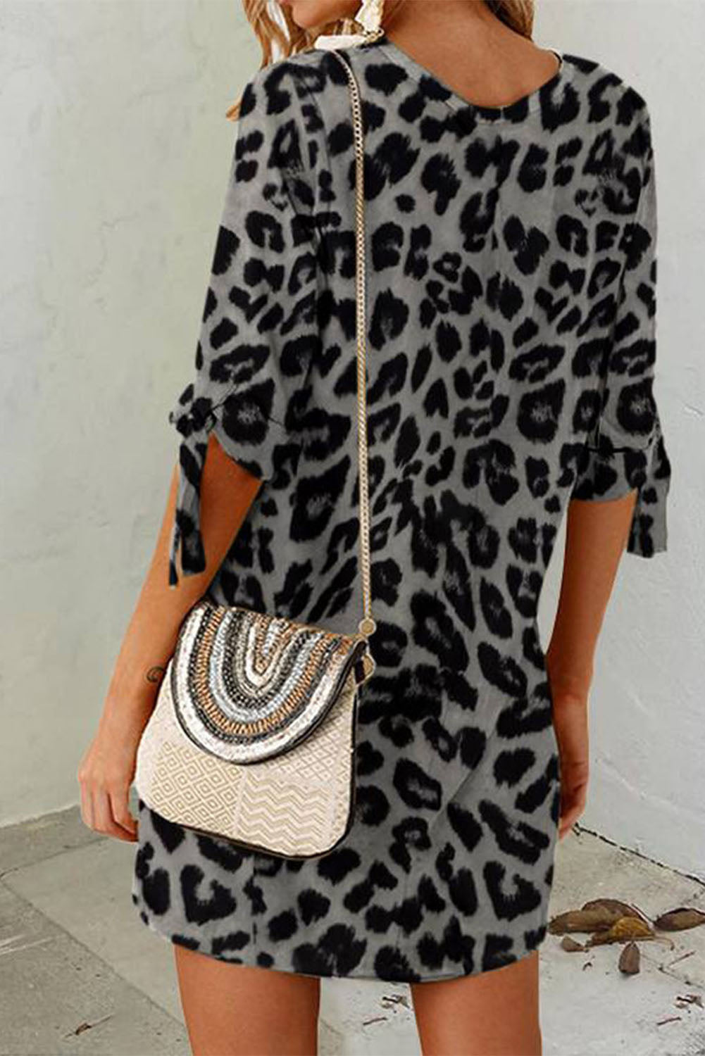 Black Casual Knot Half Sleeve Leopard Print Dress