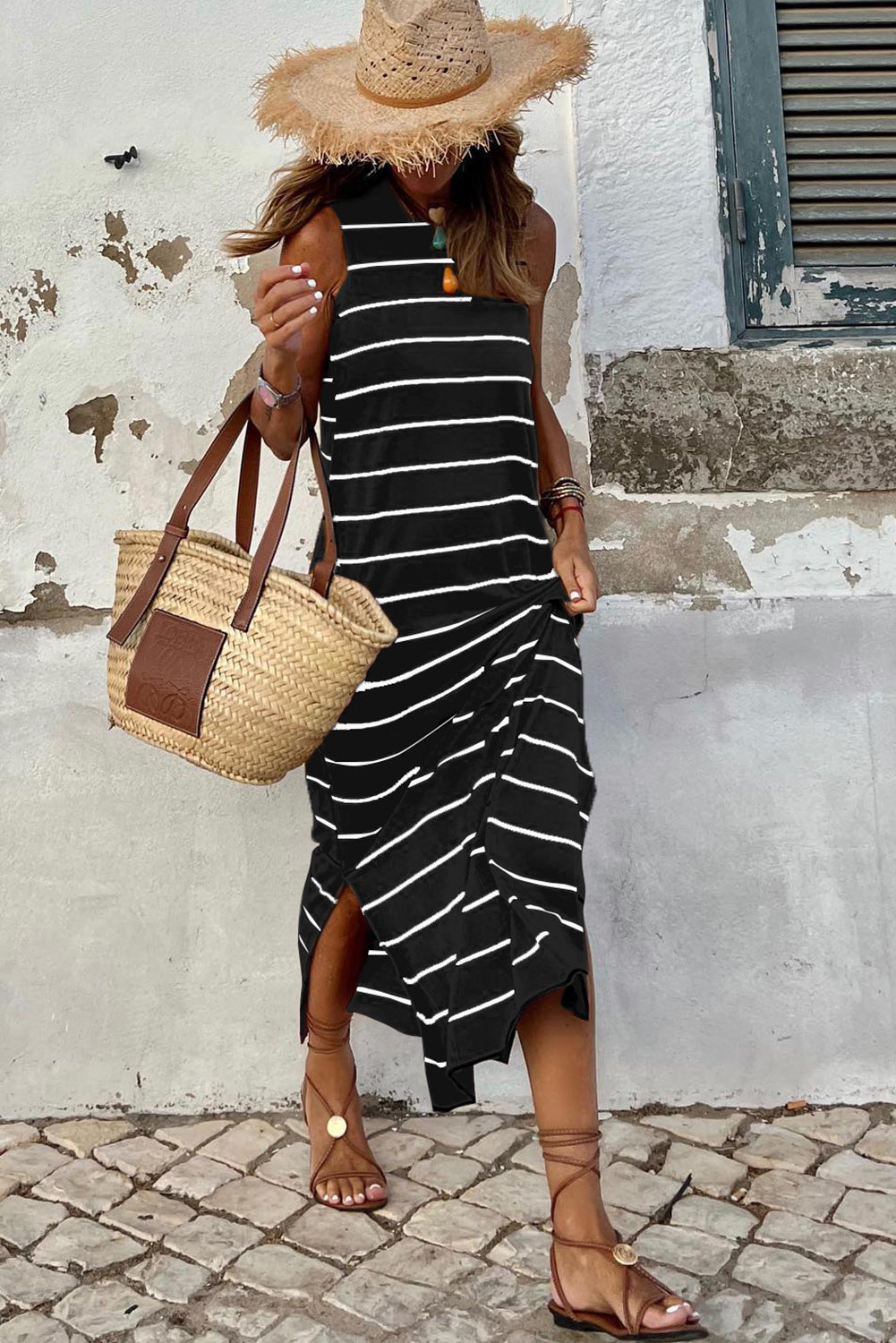 White Stripe Print Open Back Sleeveless Maxi Dress With Slits