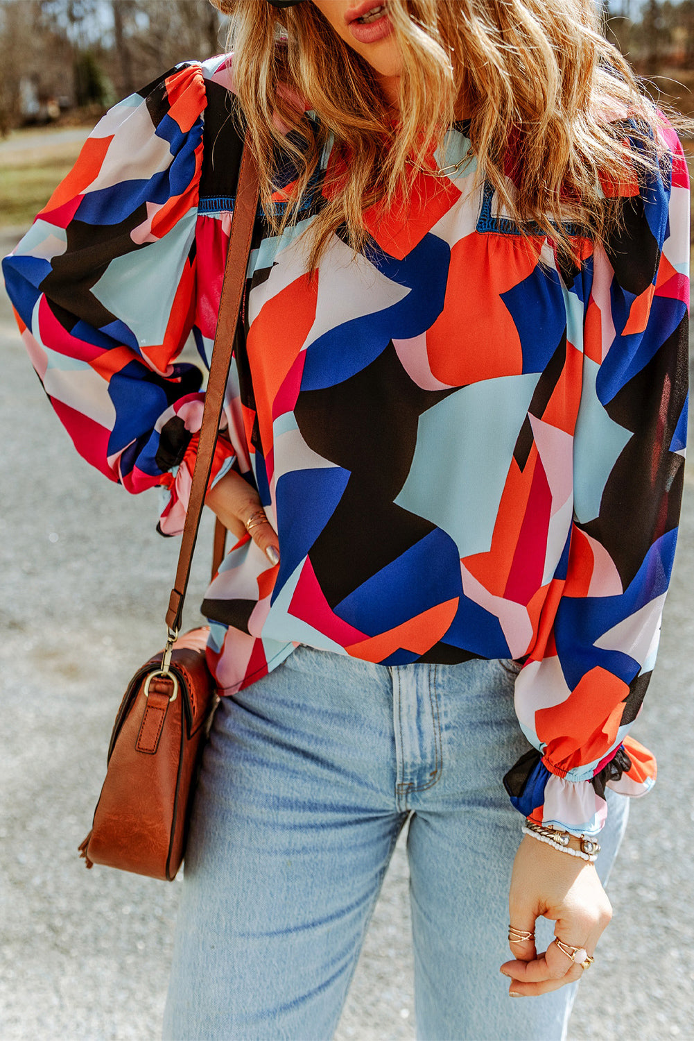 Multicolor Colorblock Casual Ruffle Puff Sleeve Blouse