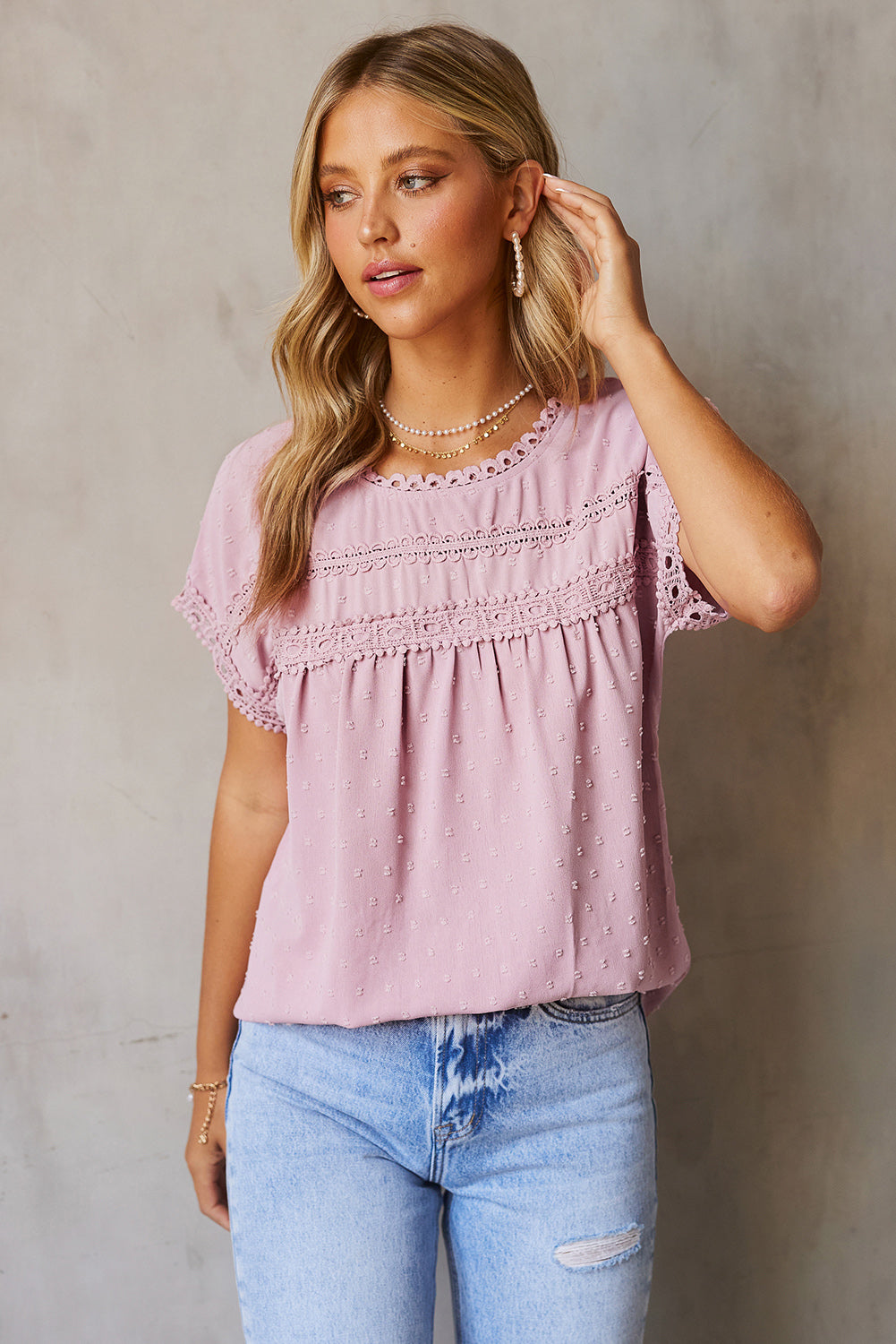 Apricot Swiss Dot Crochet Eyelet Back Button Detail Blouse