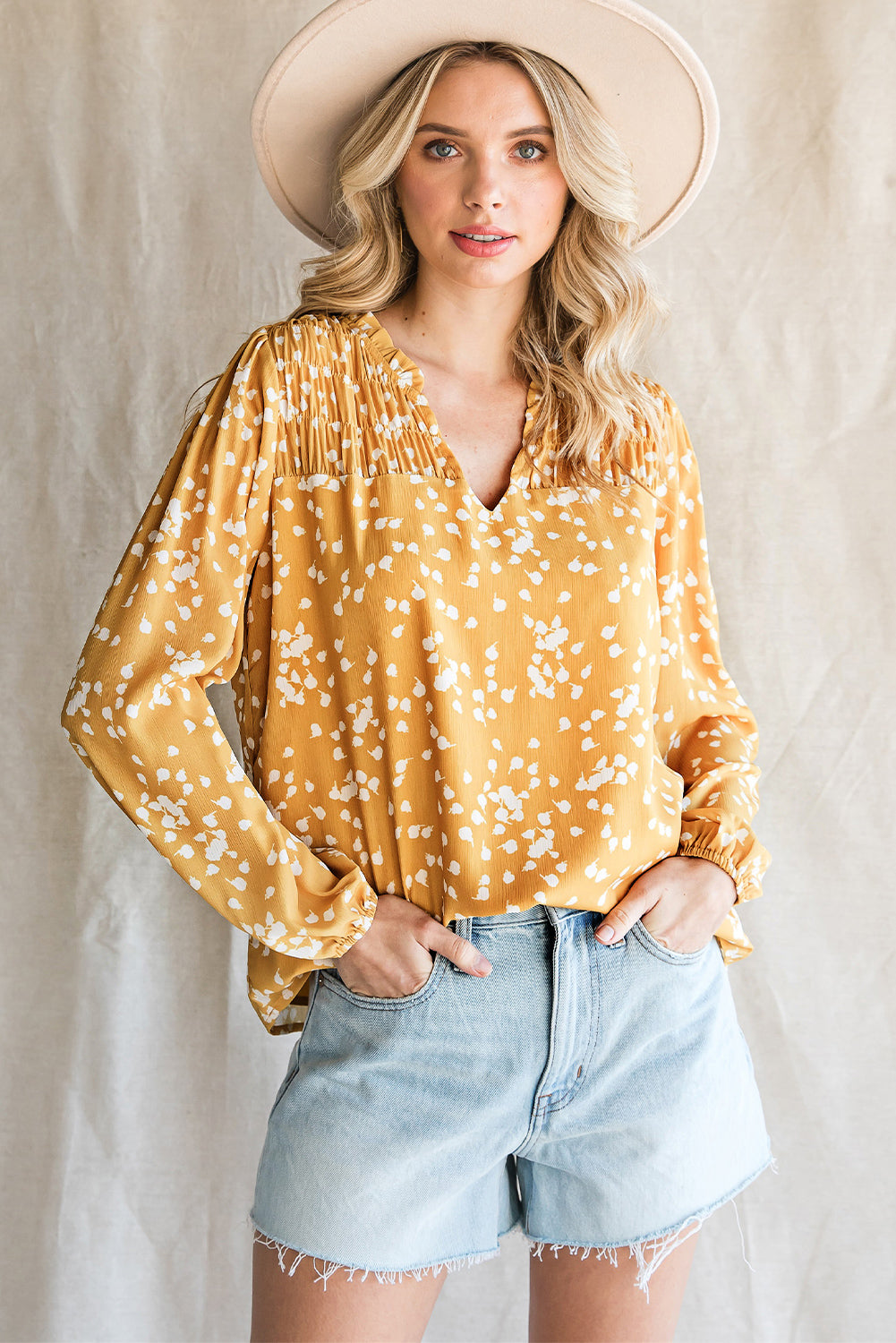 Yellow Frill Split V Neck Boho Crinkled Blouse