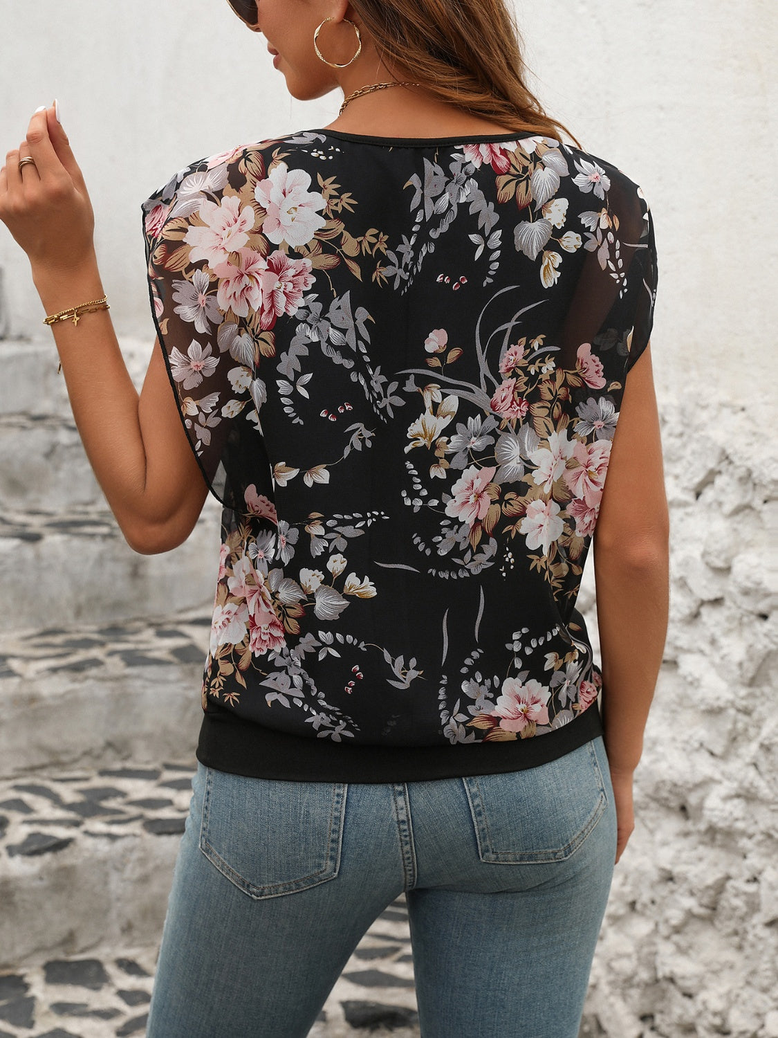 Printed Round Neck Cap Sleeve Blouse