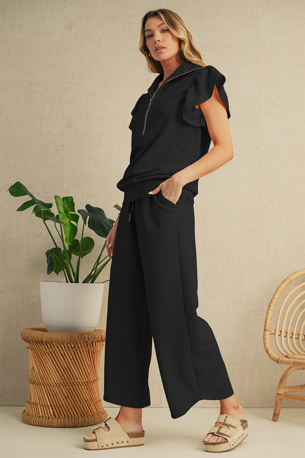 Black Textured Ruffle Sleeve Zipped Top and Wide Leg Pants Set - Kustom Kreations Goods