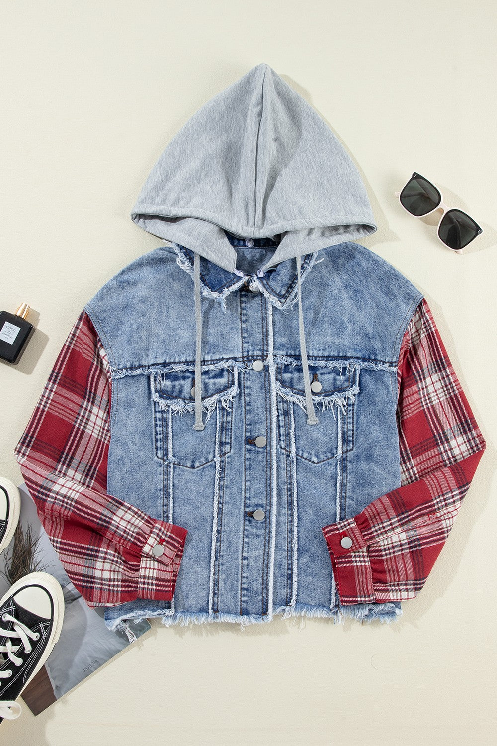 Raw Hem Drawstring Plaid Denim Jacket