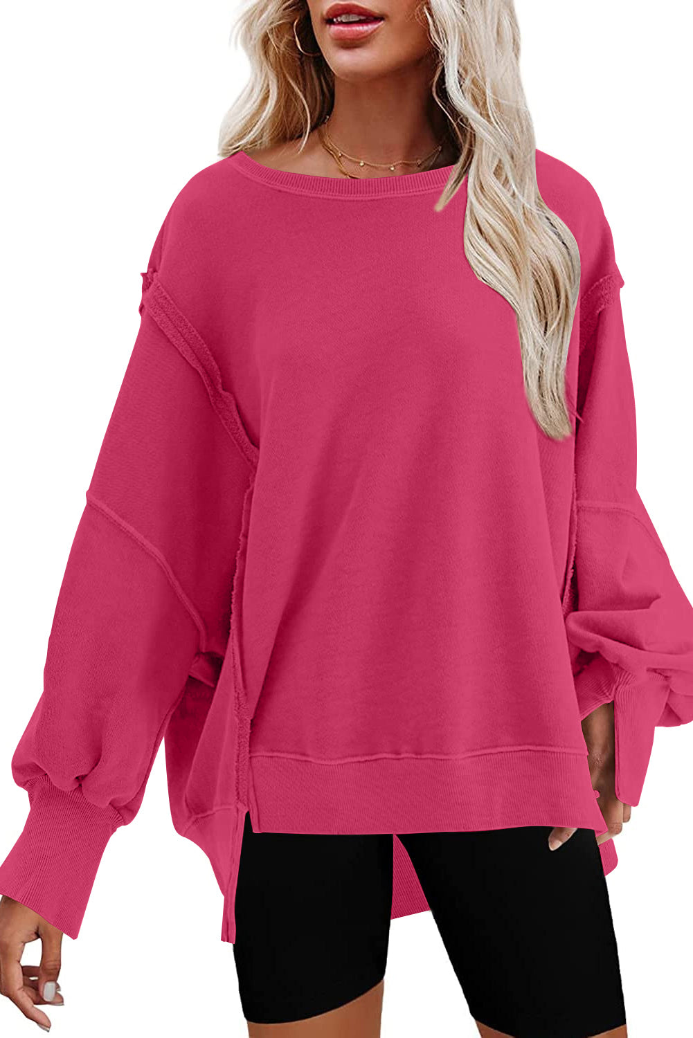 Black Exposed Seam Drop Shoulder Slit High Low Hem Sweatshirt