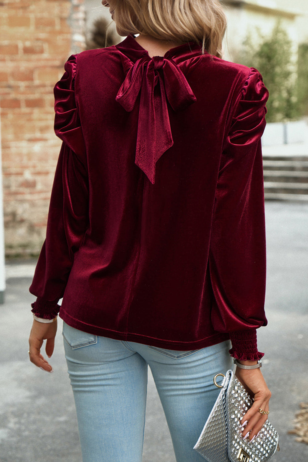 Peach Blossom Mock Keyhole Neck Puff Sleeve Velvet Blouse