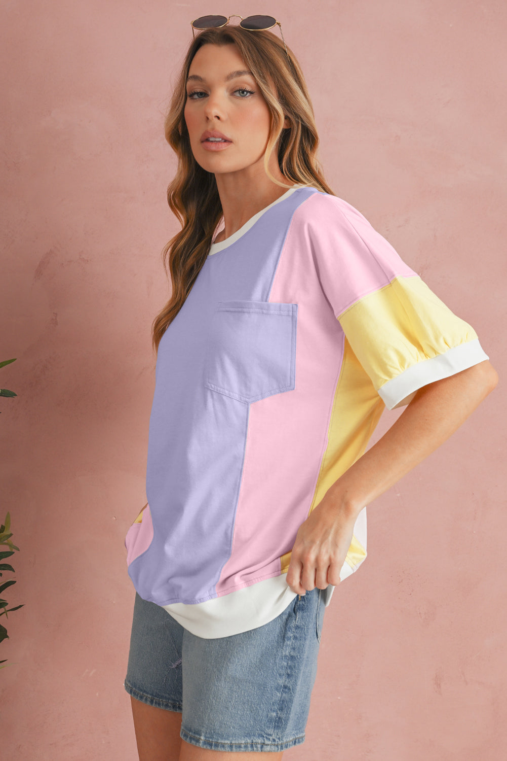 Purple Colorblock Patchwork Oversized T Shirt