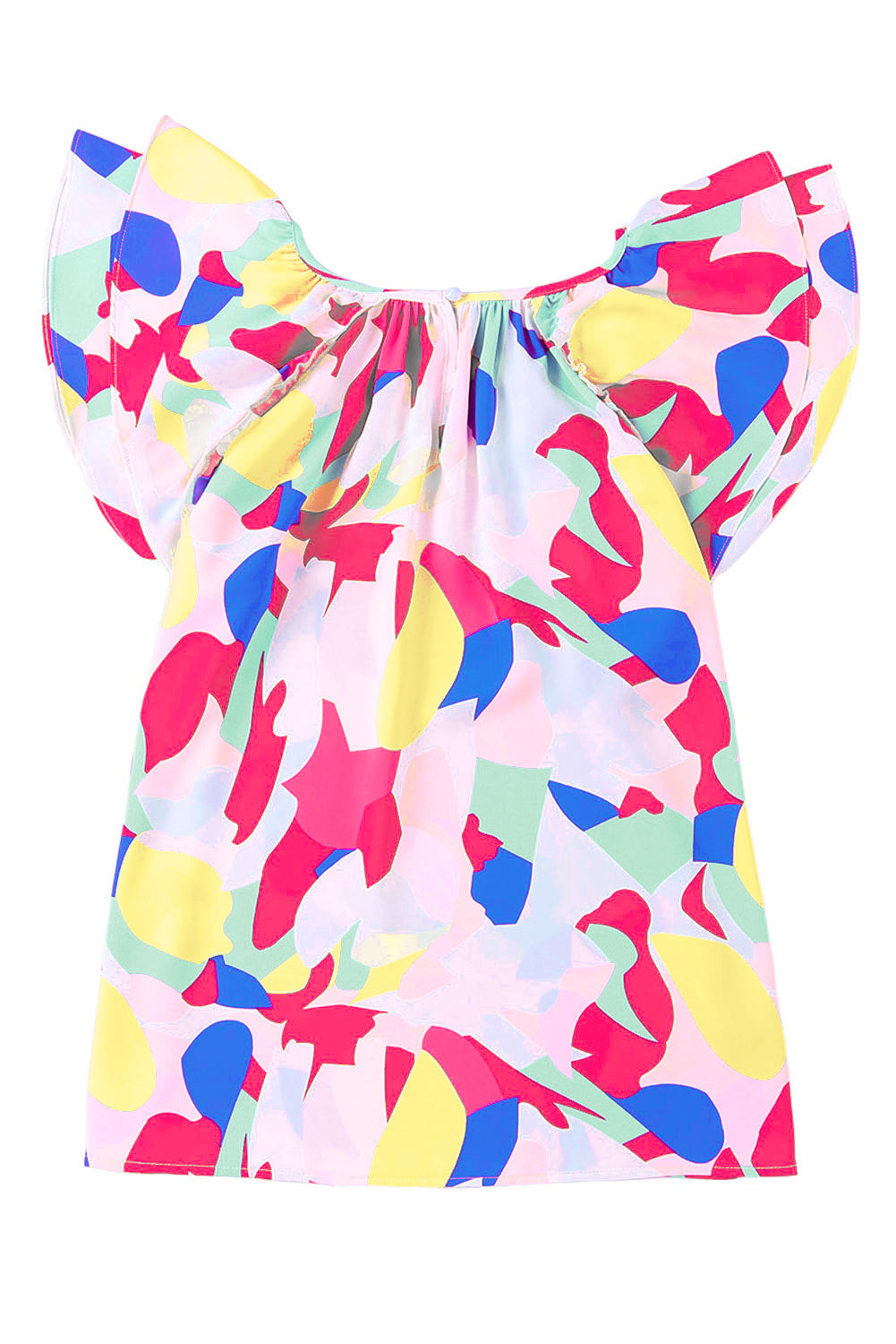 Multicolor Abstract Pattern Ruffle Sleeve Blouse