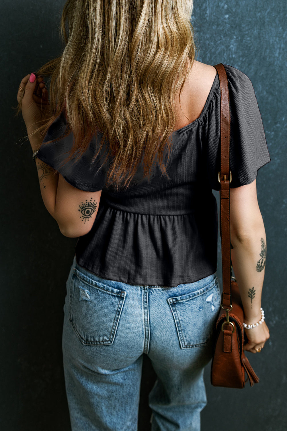 Oatmeal Shirred V Neck Short Flutter Sleeve Textured Blouse