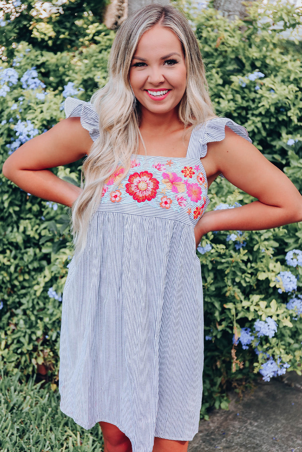 Sky Blue Striped Floral Embroidered Ruffled Sleeveless Short Dress