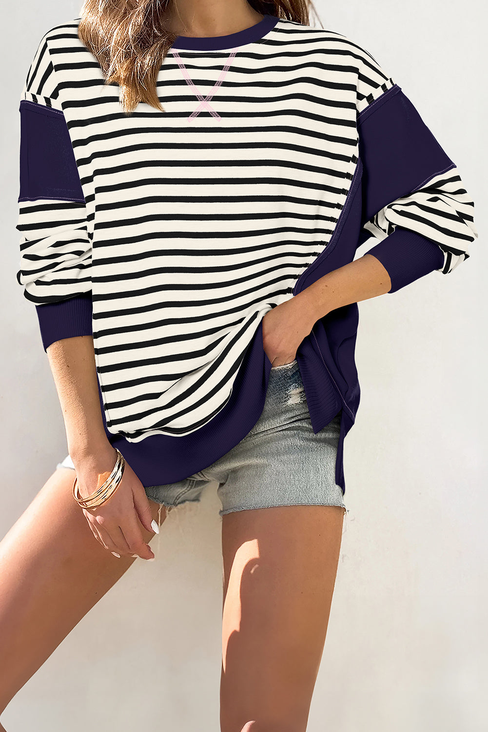 White Stripe Patchwork Exposed Seam Loose Fit Sweatshirt