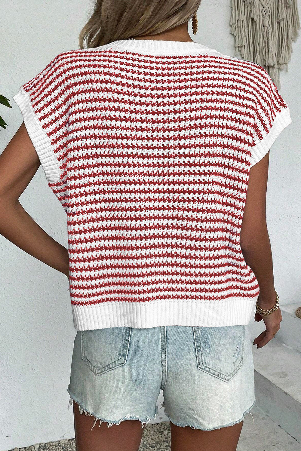 Red Stripe Contrast Trim Knit Dolman Top