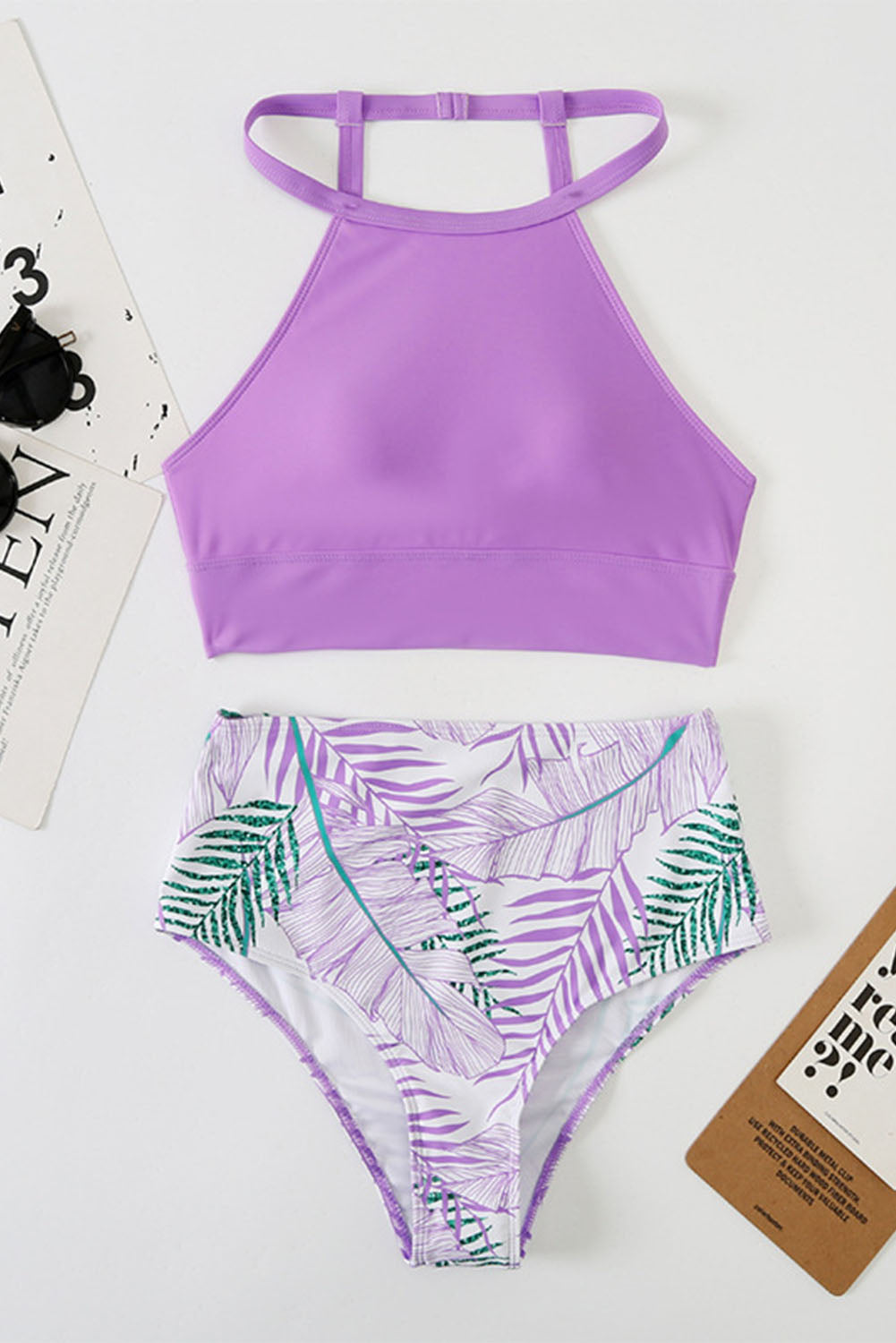 Purple Tropical Print Back Split High Waisted Swimsuit