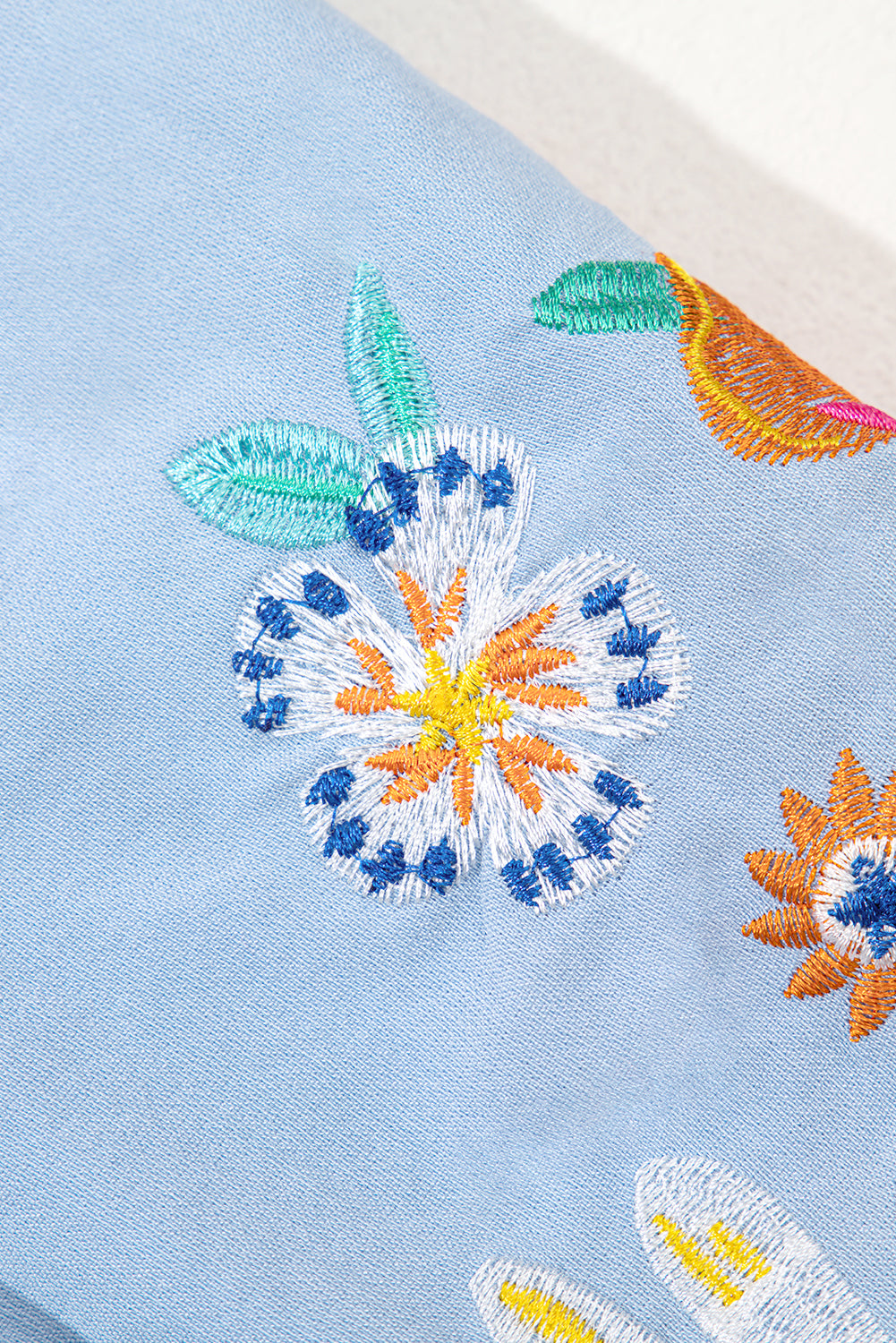 Beau Blue Floral Embroidered Puff Sleeve Split Neck Blouse - Kustom Kreations Goods