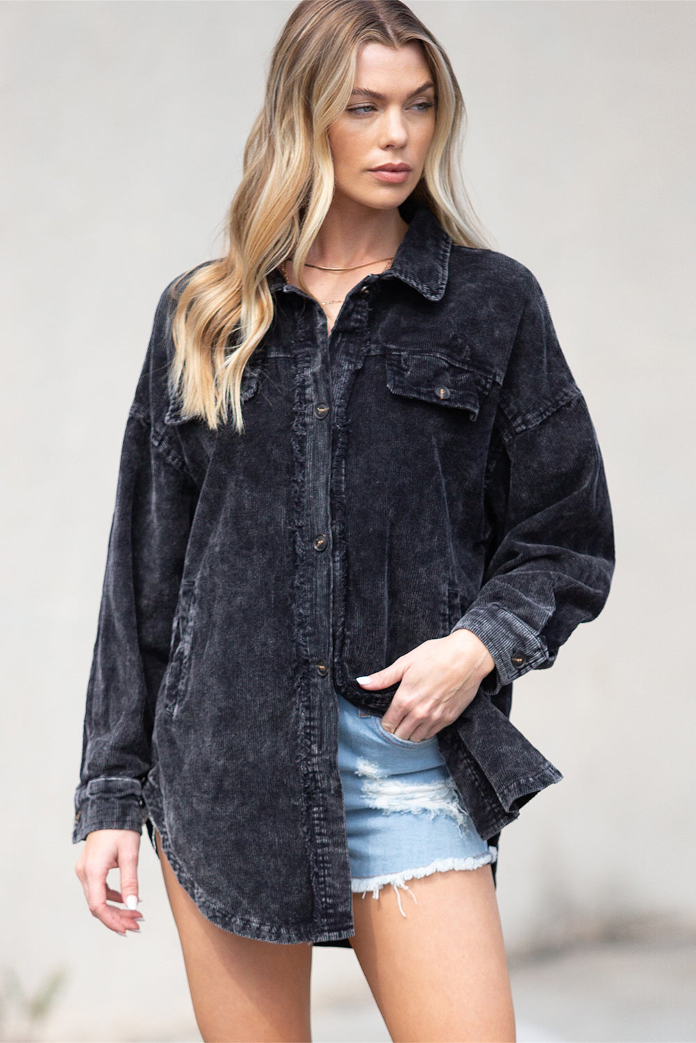 Gray Vintage Distressed Mineral Wash Oversized Shacket