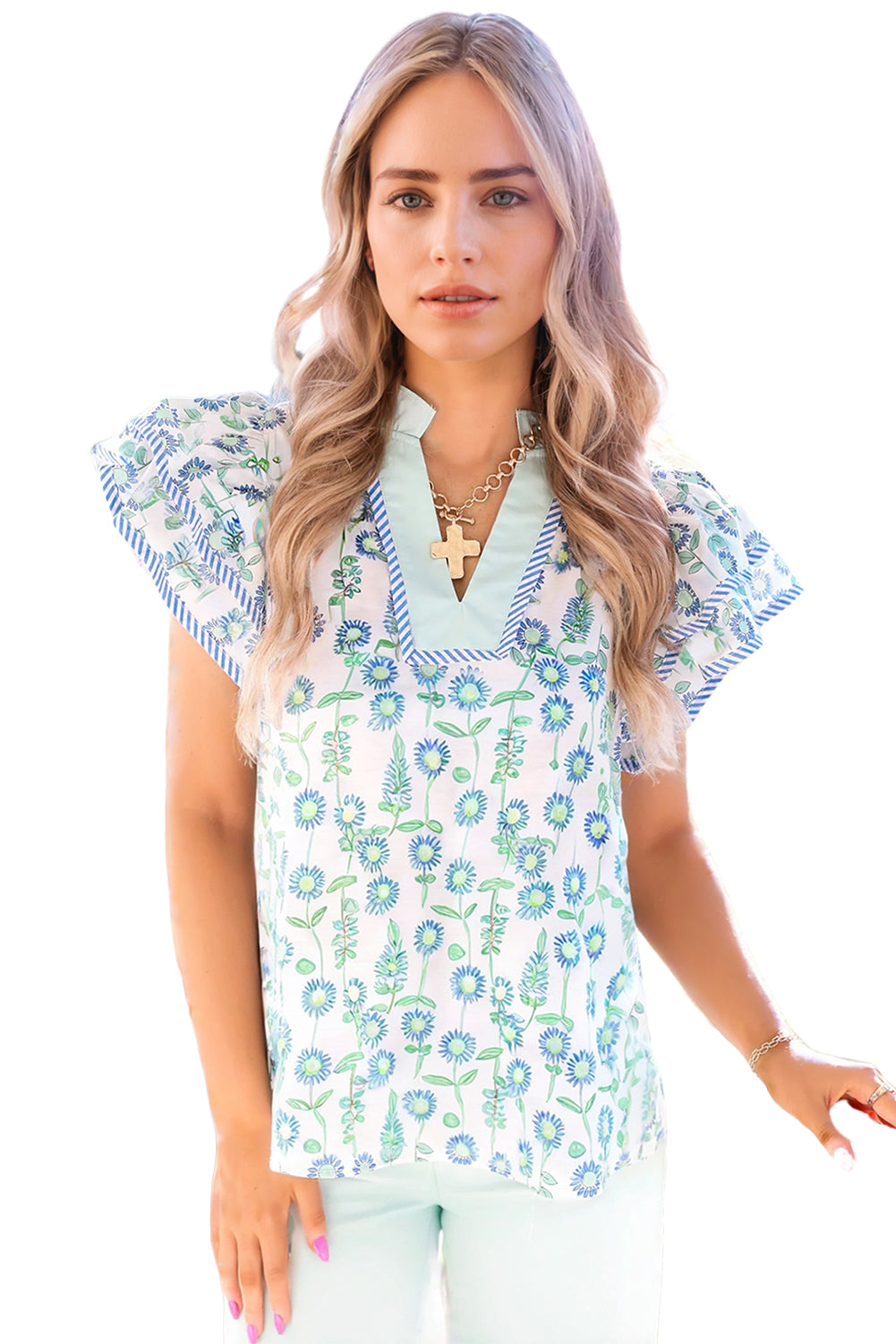 Green Floral Print Striped Trim Contrast V Neck Patchwork Boho Blouse - Kustom Kreations Goods