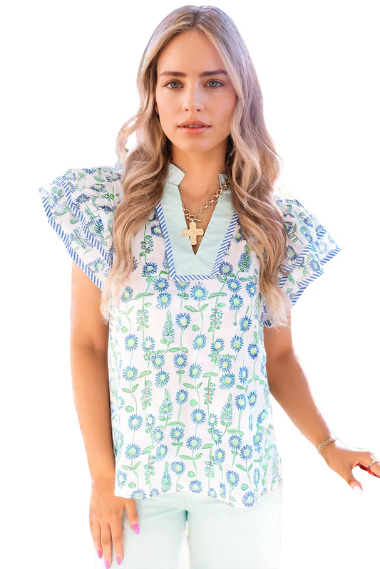 Green Floral Print Striped Trim Contrast V Neck Patchwork Boho Blouse - Kustom Kreations Goods