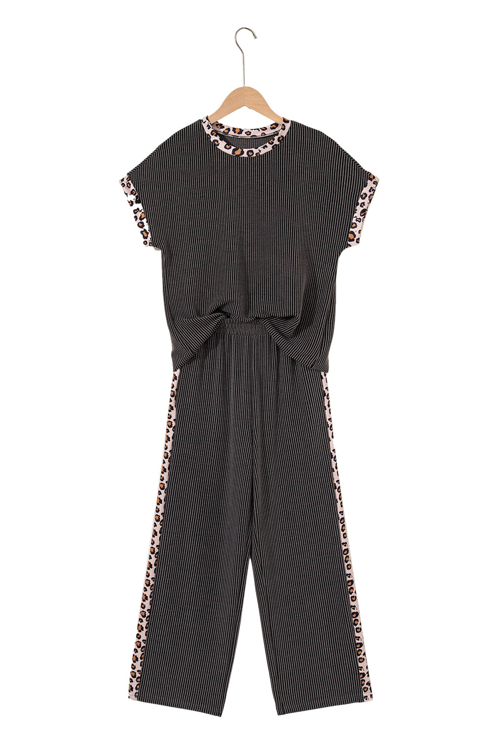 Carbon Grey Leopard Patchwork Trim Twisted Rib T Shirt and Cropped Pants Set - Kustom Kreations Goods