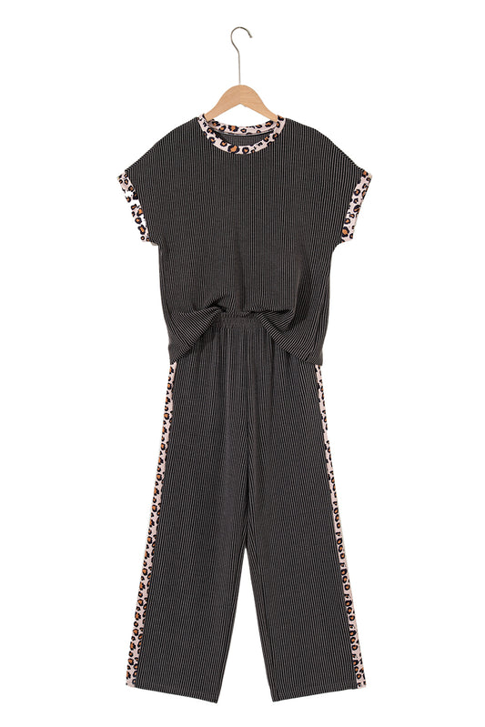 Carbon Grey Leopard Patchwork Trim Twisted Rib T Shirt and Cropped Pants Set - Kustom Kreations Goods