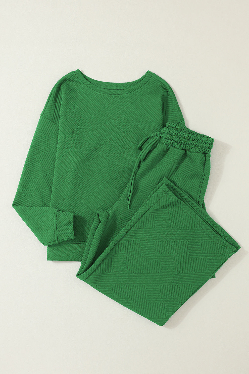 Dark Green Textured Loose Slouchy Long Sleeve Top and Pants Set